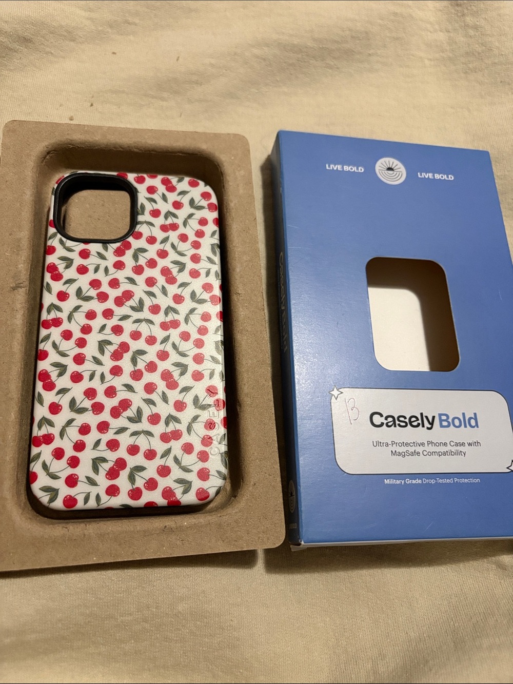 Casely Bold Cherry Print MagSafe-Compatible Phone Case - White & Red